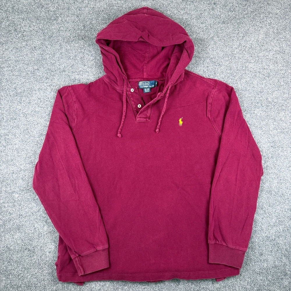 Polo Ralph Lauren Long Sleeve Hooded Polo Shirt Mens XL Maroon Henley Hoodie